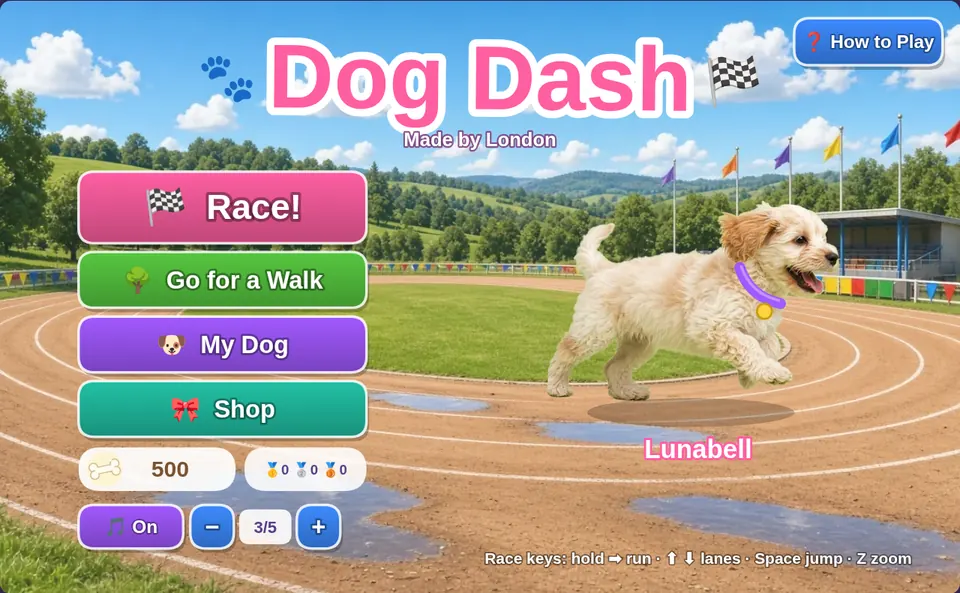 Dog Dash title screen with happy cartoon dogs